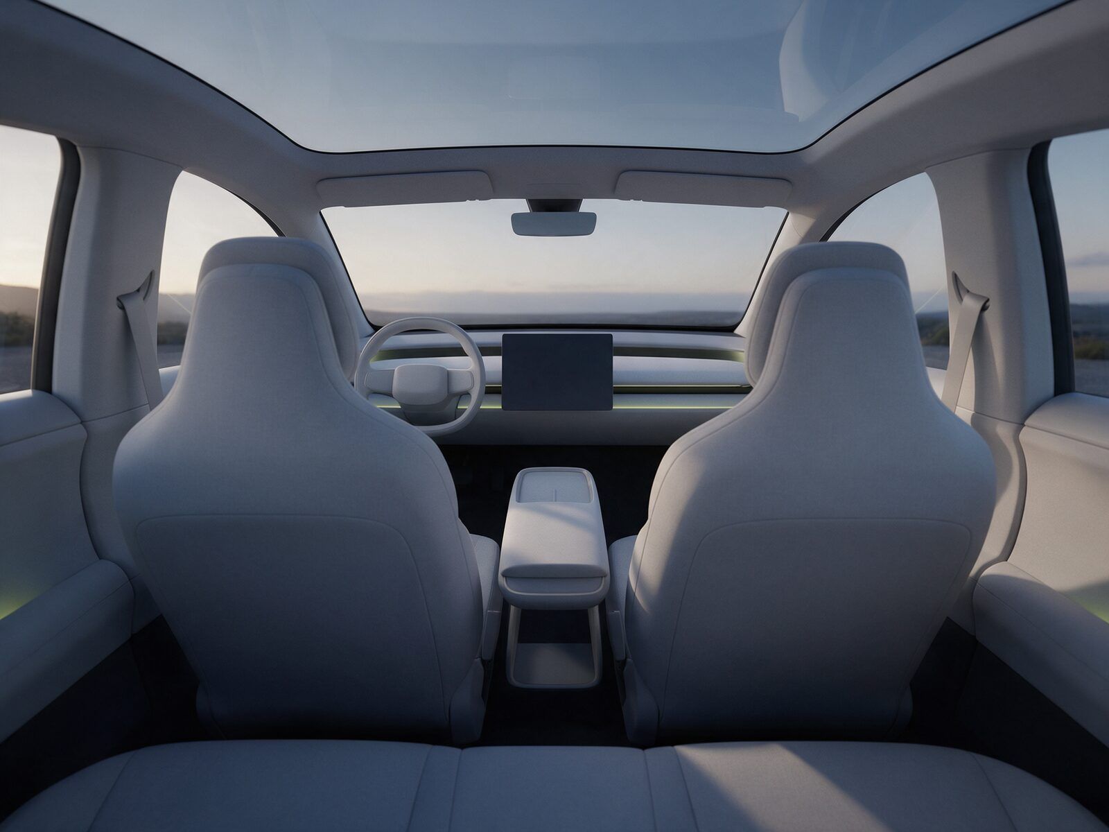 Elektrikli SUV iç mekânı: sade ön panel, kapalı ekran, açık gri koltuklar ve cam tavan
